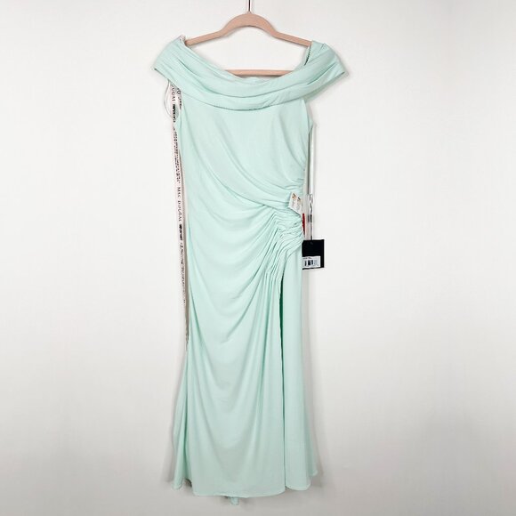 NWT Mac Duggal Ruched Off-The-Shoulder Midi Dress Mint 2 #A0550 - Picture 3 of 8